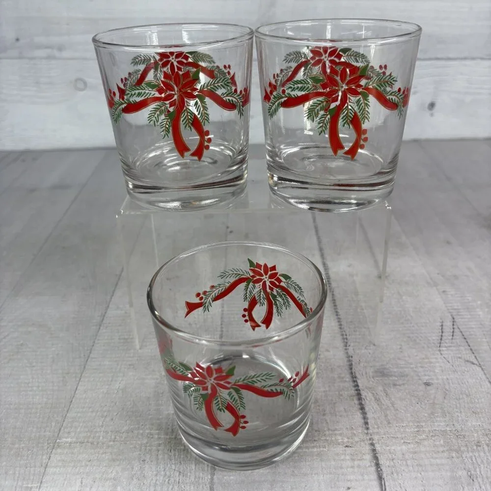 Anchor Hocking POINSETTIA & RIBBONS 89524 Rocks 9oz Whiskey Glasses Set 3 NEW